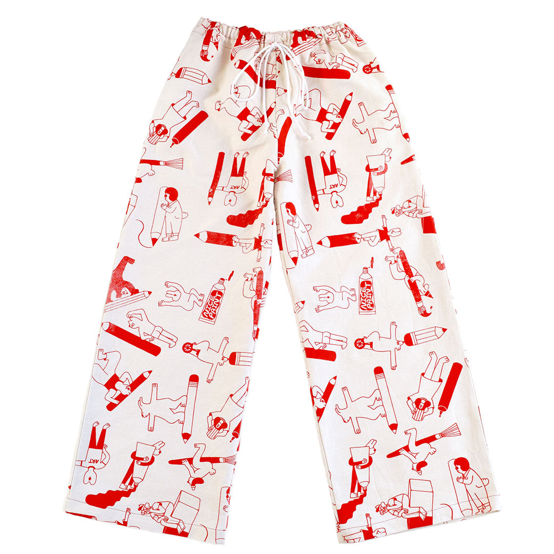 Hot red YUK FUN Artist Suit trousers/pants made from 100% organic cotton