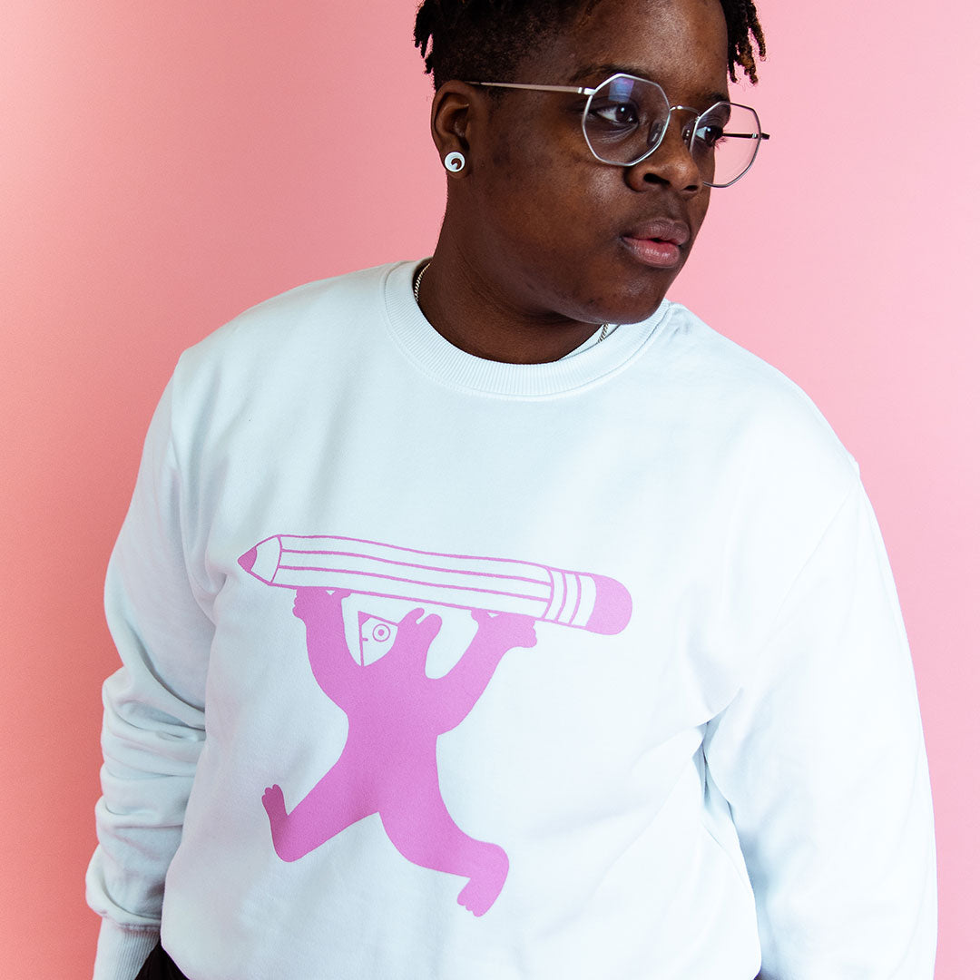 Cute pencil person sweatshirt in white by YUK FUN