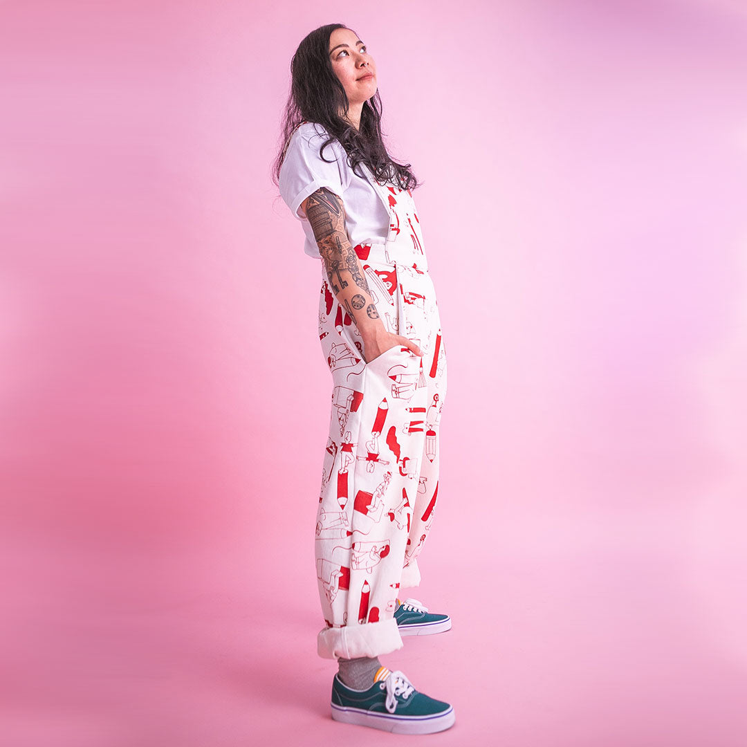 Red pencil pattern dungarees ethically made in the uk and screen printed by YUK FUN