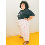 Super unique illustrated trousers screen printed with a cat pattern by YUK FUN available in custom sizing.