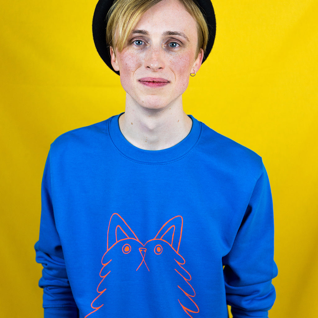 Totally awesome blue mens sweatshirt with a screen printed cat illustration by YUK FUN