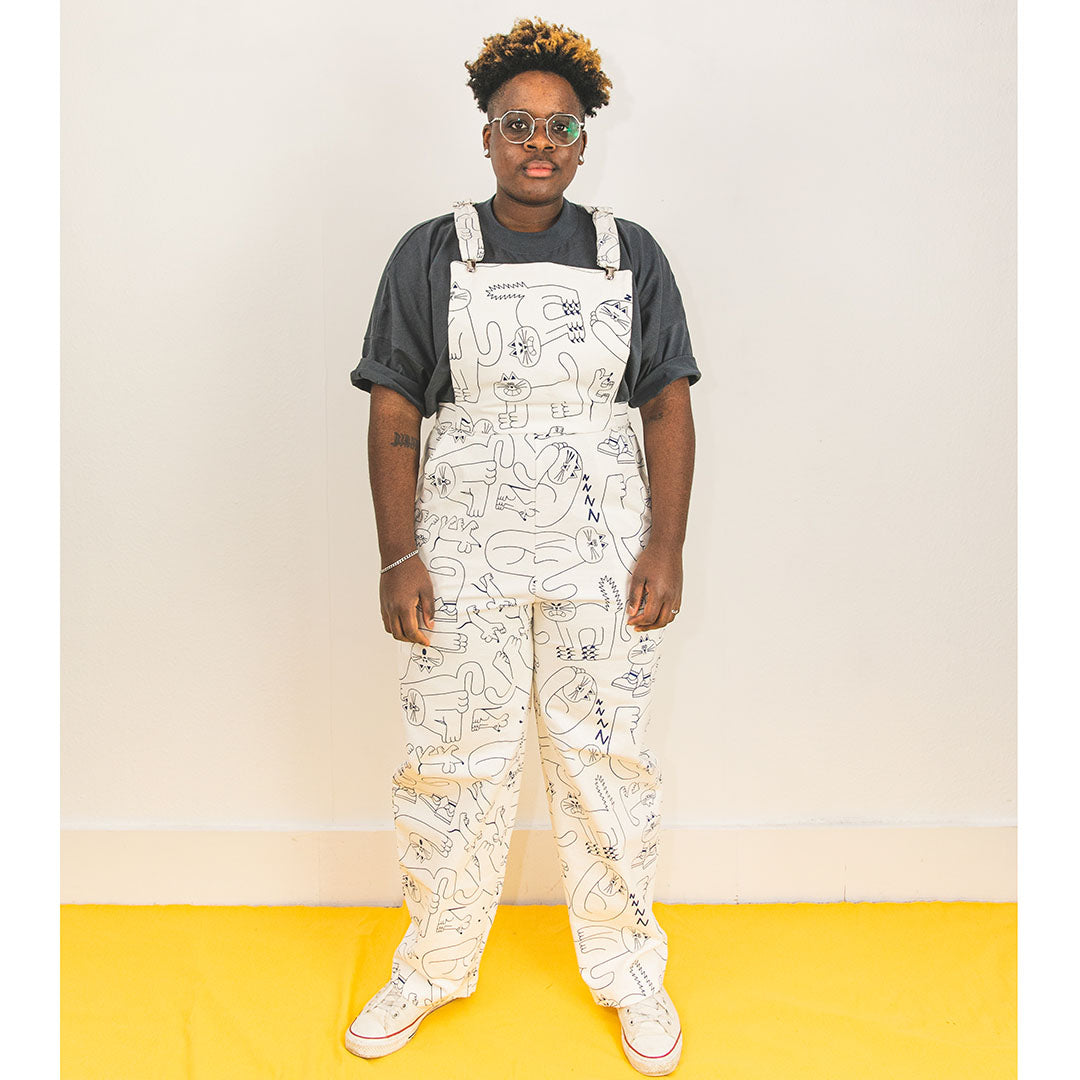 Cool unisex dungarees made in the UK with an all over cat pattern screen printed by YUK FUN and made by The Emperor's Old Clothes