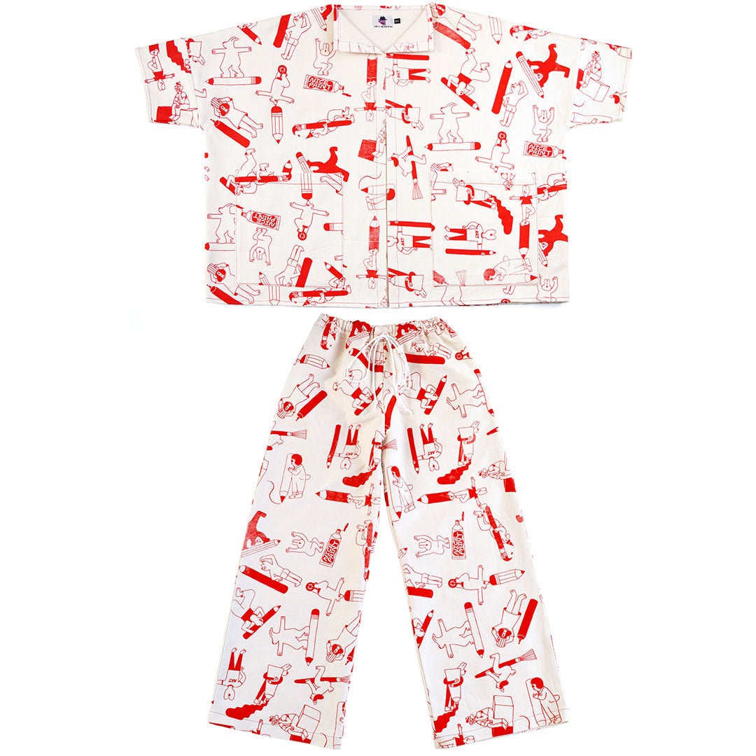 Red Artist Suit two piece by illustration duo YUK FUN