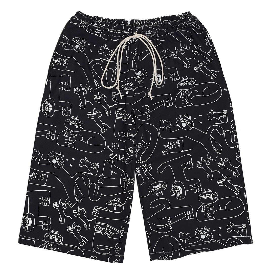 Black & white cat trousers made from 100% organic cotton and hand printed by independent label YUK FUN