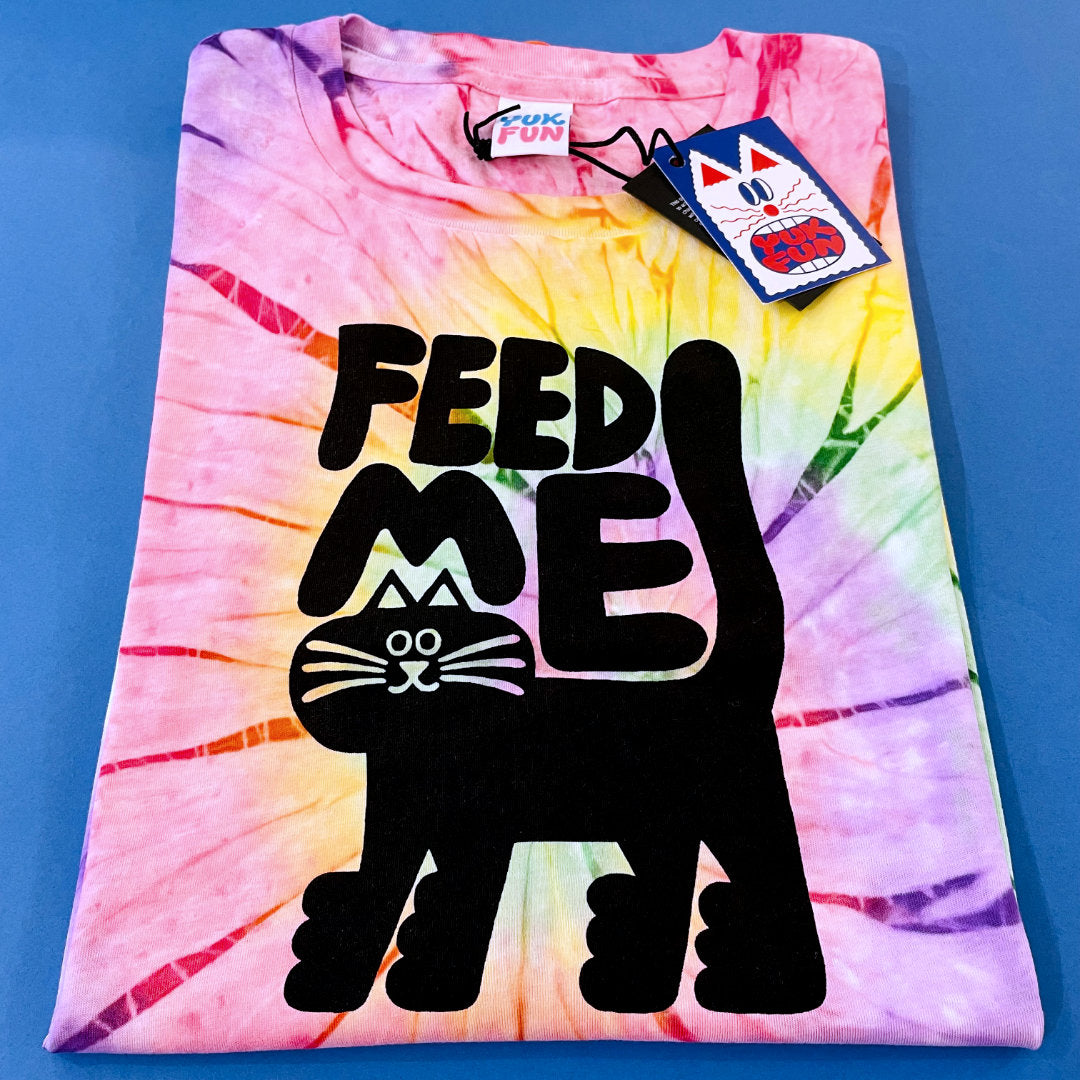 Hungry cat tie-dye t-shirt with Feed Me slogan screen printed by YUK FUN
