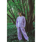 Lilac all over print cat tracksuit made by indie brand YUK FUN from 100% organic cotton fleece and made in the UK