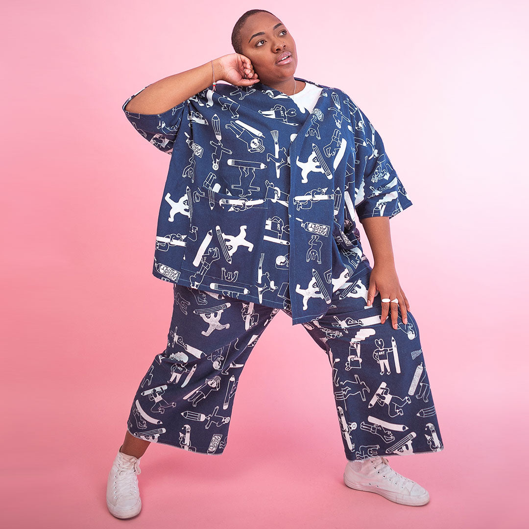 Double denim Artist Suit designed and screen printed by illustration duo YUK FUN