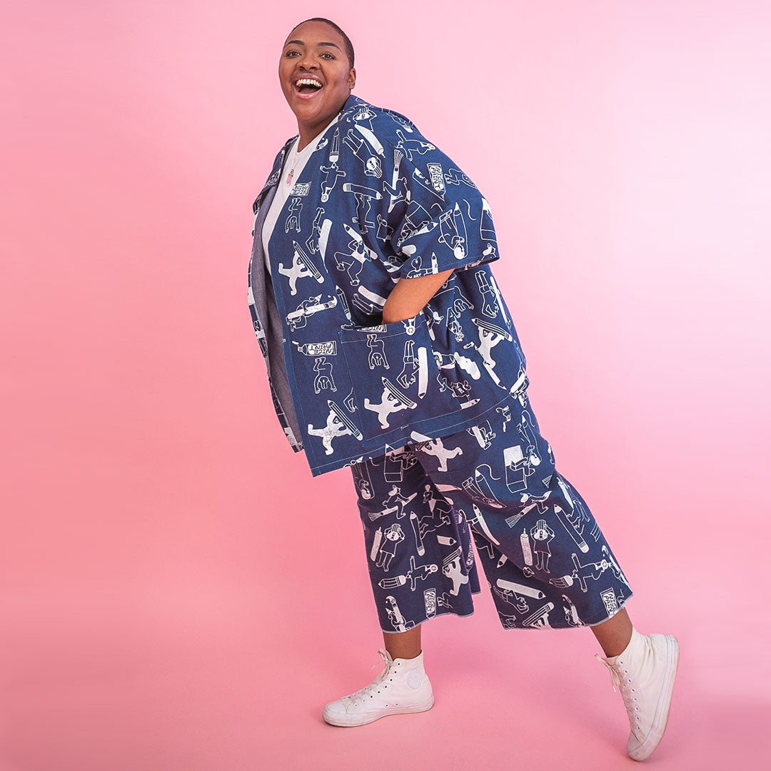 Double denim Artist Suit hand made and screen printed by illustration duo YUK FUN
