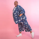 Double denim Artist Suit hand made and screen printed by illustration duo YUK FUN