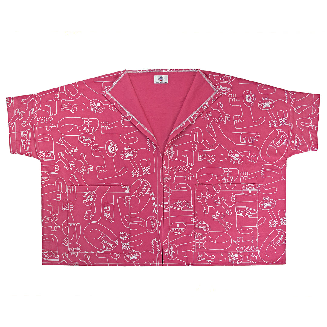 Pink cat pattern boxy jacket ethically made in the UK by YUK FUN
