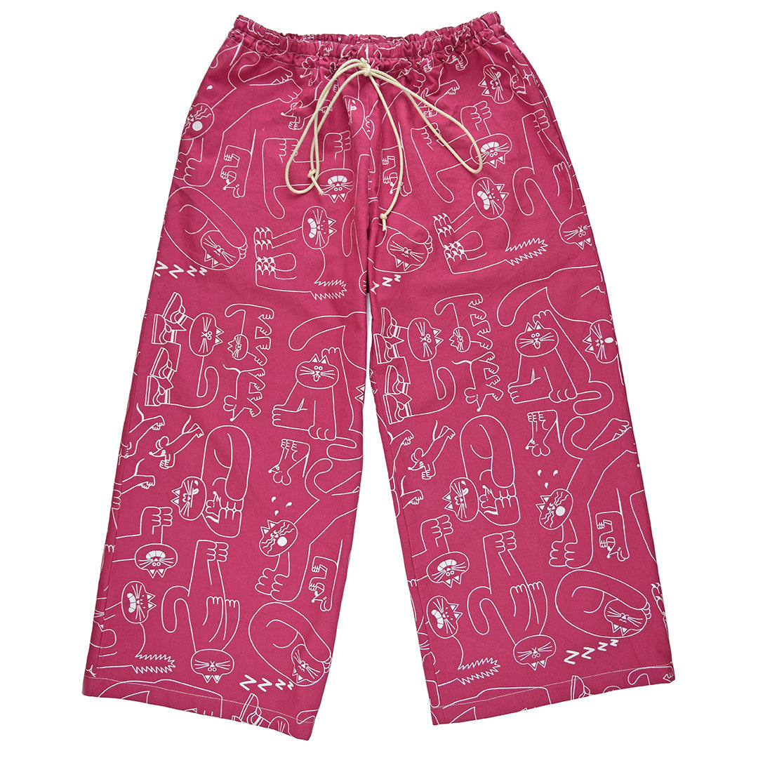 Super comfortable pink wide leg trousers made from 100% organic cotton and hand printed by YUK FUN